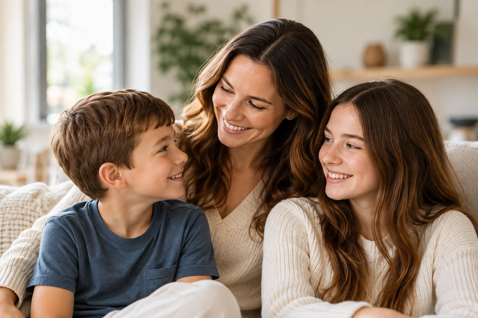 Warm lifestyle photograph of a mother with her two children at home